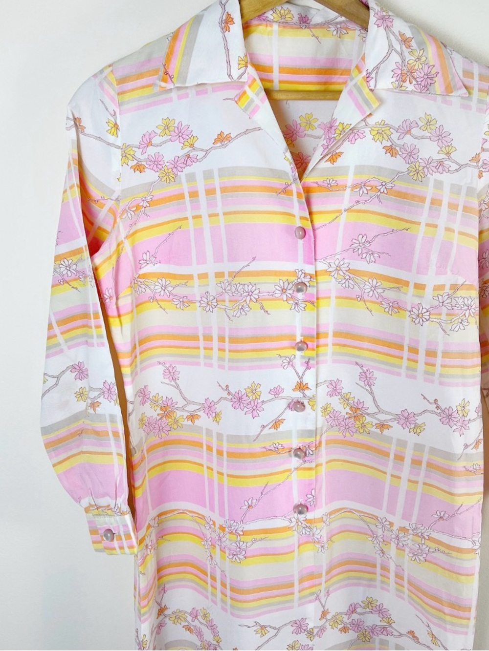 Vintage 70s Pink and Yellow Midi Shirt Dress - Picture 4 of 7